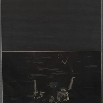 Alfano, Carlo, Sulla soglia sinistra con Narciso, 1975, pellicola, graf. su tela Bleistift auf Film mit Uebermalung und belichteter Film, auf Leinwand collagiert, VAF 1614, Roverto, Mart