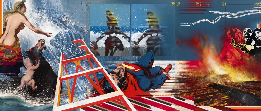 Baratella, Paolo , morte di Superman, 1968/69, tecnica mista su tela - trittico, VAF 1673, Roverto, Mart