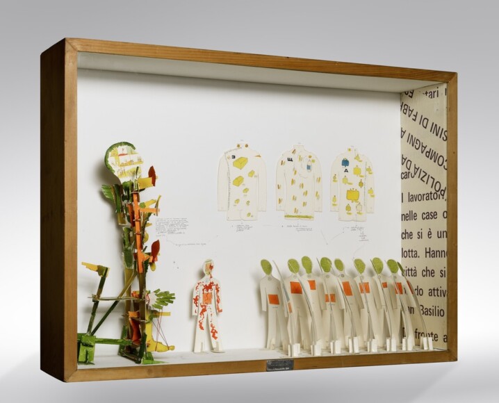 Baruchello, Gianfranco , autonomia della morte all'angolo di via Fiuminata, il nove settembre 1974, 1974, Cassettone - assemblage , VAF 2246, Roverto, Mart