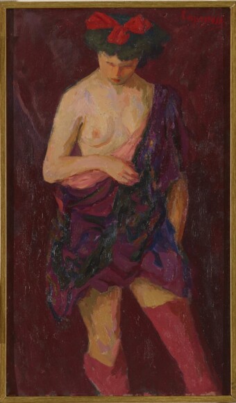 Capogrossi , Giuseppe , Ballerina con fiocco rosso, 1944, olio su tavola, VAF 2303, Roverto, Mart