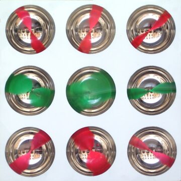 Costalonga, Franco , OC 9 MVCB oggetto cromocinetico - 9 sfere su due colori , 1972, Plexiglas, plex metallizzato, cilindro colorato, VAF 1391, Rov. A 0 sotto