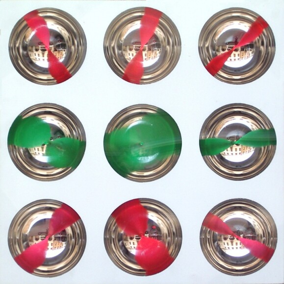 Costalonga, Franco , OC 9 MVCB oggetto cromocinetico - 9 sfere su due colori , 1972, Plexiglas, plex metallizzato, cilindro colorato, VAF 1391, Rov. A 0 sotto