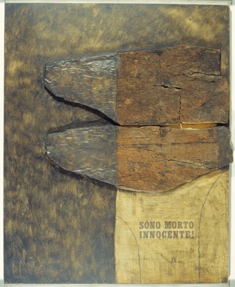 Crippa, Roberto , Chessman - sono morto innocente, 1959, tecnica mista, sughero, compensato, collage su tavola, VAF 1124, Roverto, Mart