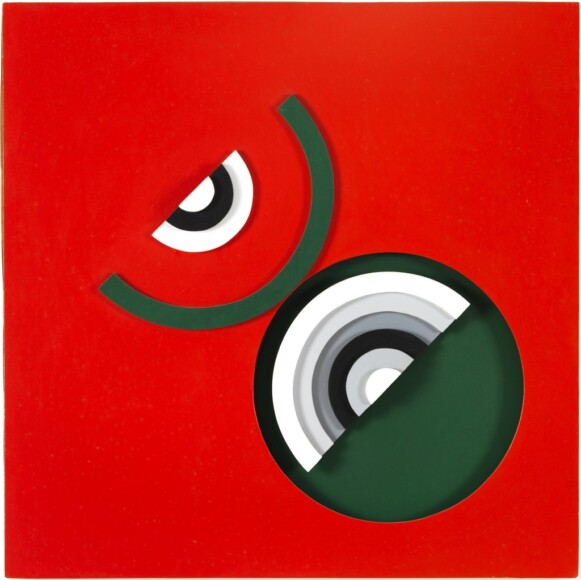 Cusumano, Miro , interspazi complementari R.V.G., 1968, smalto sintetico + arcrilico su silitex Legno laccato in rilievo, VAF 1751, Roverto, Mart