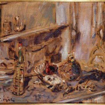 De Pisis, Filippo , Natura morta con bottiglia di maraschino e selvaggina, 1941, olio su tela, VAF 740, Roverto, Mart