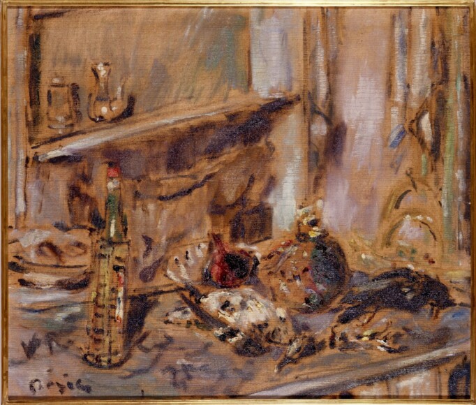 De Pisis, Filippo , Natura morta con bottiglia di maraschino e selvaggina, 1941, olio su tela, VAF 740, Roverto, Mart