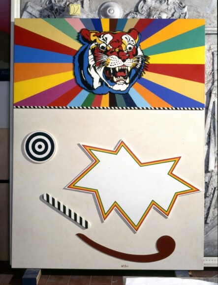 Del Pezzo, Lucio , La tigre, 1967, Collage, Acryl auf Leinwand und Holz, VAF 179, Roverto, Mart