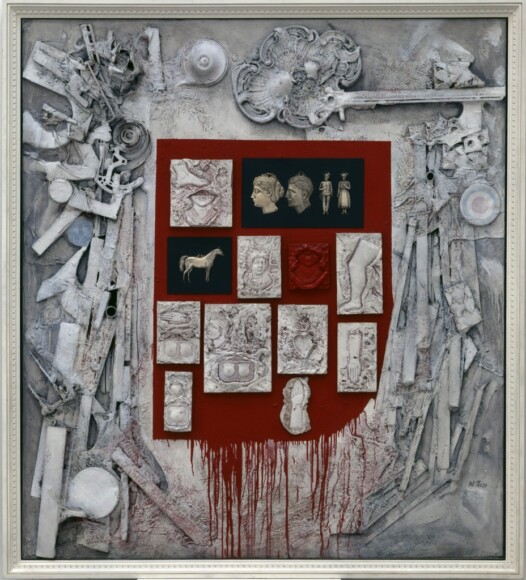 Del Pezzo, Lucio , Tavola ex Voto, 1963, tempera, olio e collage su tavola, VAF 182, Roverto, Mart