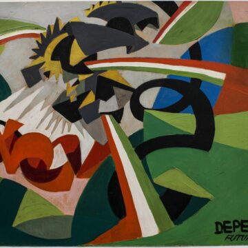 Depero, Fortunato, Paesaggio guerresco. Esplosioni giallo e nero e tricolori, 1916, olio su cartone, VAF 2158, Roverto, Mart