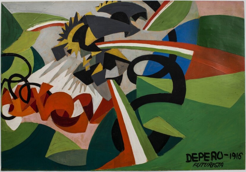 Depero, Fortunato, Paesaggio guerresco. Esplosioni giallo e nero e tricolori, 1916, olio su cartone, VAF 2158, Roverto, Mart