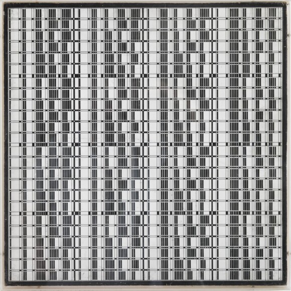 Di Luciano, Lucia , struttura operativa n. 7 - successione ritmica orizzontale e verticale dal nero al bianco , 1963, china e Morgan's paint su masonite, VAF 1676, Roverto, Mart