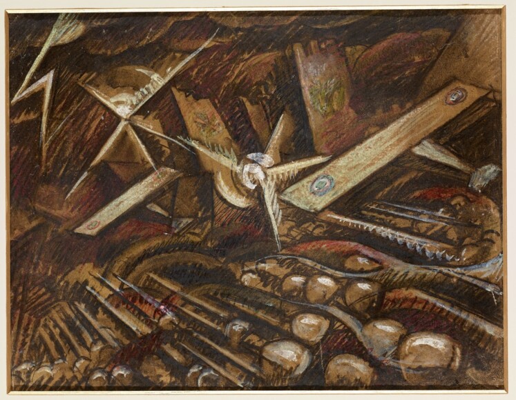 Dottori, Gerardo , Soldati con aerei (Ali sopra la trincee), 1916-1917, pastello e tempera su carta, VAF 2146, Roverto, Mart