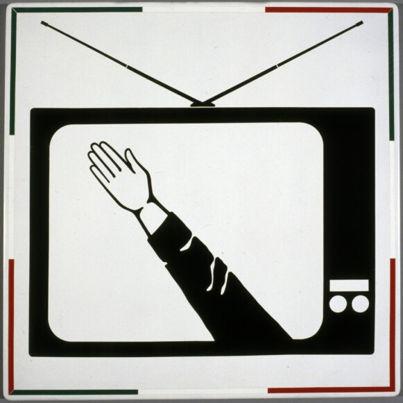 Garbelli, Francesco Maria , Italy today, 1994, selbstklebende Folie auf Strassenschild, VAF 1214, Roverto, Mart