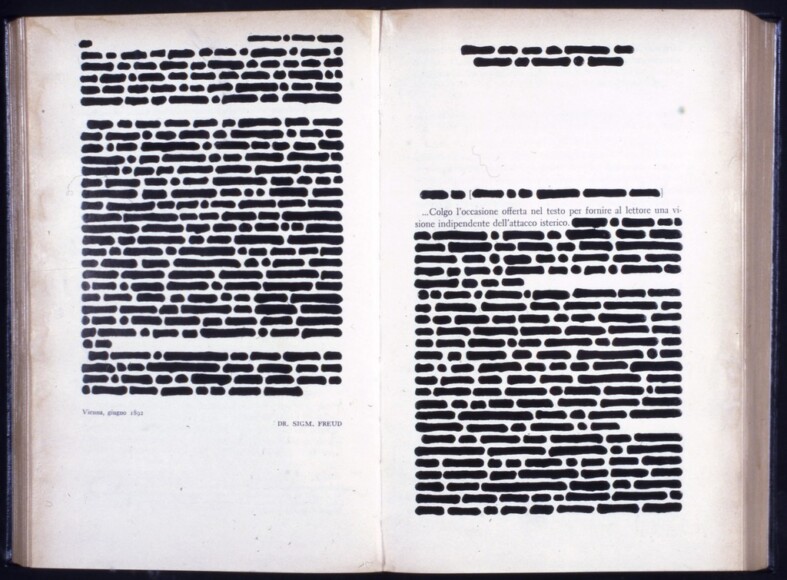 Isgrò, Emilio , Libro cancellato -attacco isterico Freud, 1967, china su carta, su tavola con copertura in plexiglas, VAF 397, Roverto, Mart