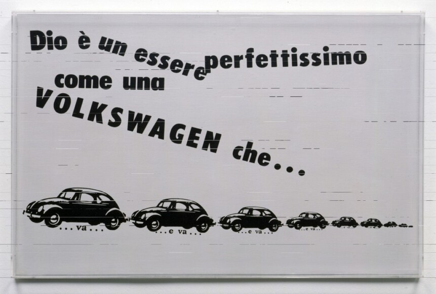 Isgrò, Emilio , Volkswagen, 1964, tela emulsionata su tavola, VAF 400, Roverto, Mart