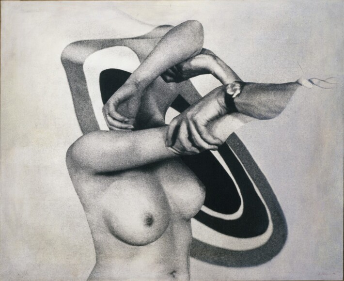 Mariani, Elio , presa con rabbia, 1969, riporto fotografico emulsione su tela, VAF 1426, Rov. A 0 sopra