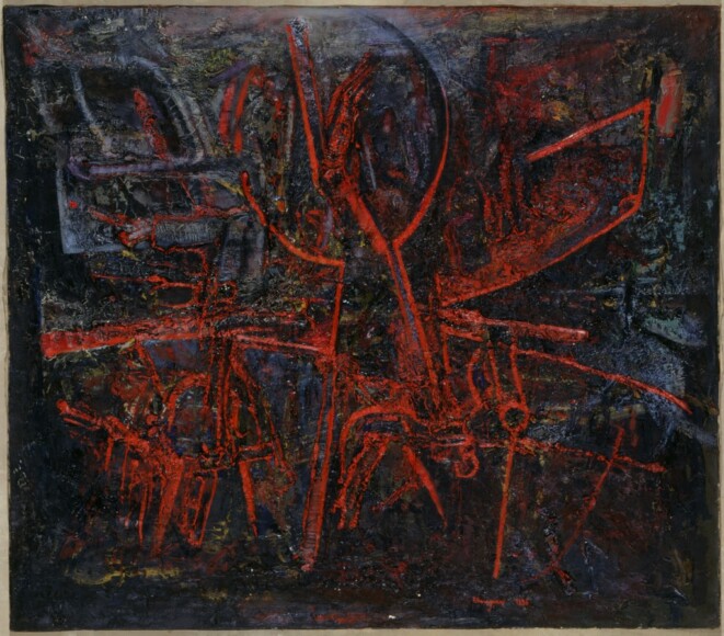 Meneguzzo, Franco , dal magma insondabile e arbitrario, 1956, olio su tela, VAF 1560, Roverto, Mart