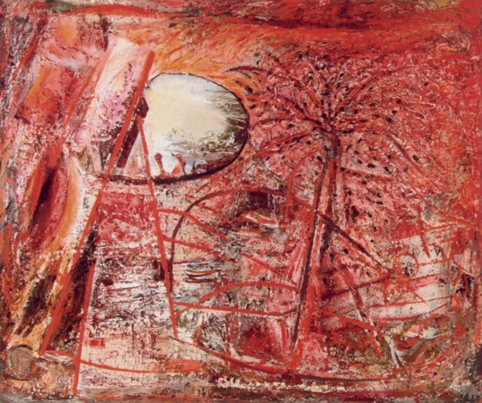 Meneguzzo, Franco , Grand Hotel et Des Palmes 14 luglio 1933 (Hommage a Roussel), 1959, olio su tela, VAF 817, Rov. A 4 mezzo