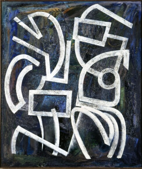 Meneguzzo, Franco , segni della memoria, 1958, olio su tela, VAF 1562, Rov. A 3 sopra