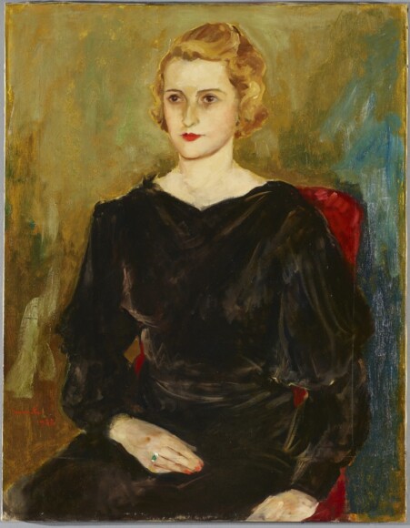 Monti, Cesare , la moglie sulla poltrona rossa, 1938, olio su tela, VAF 2206, Roverto, Mart