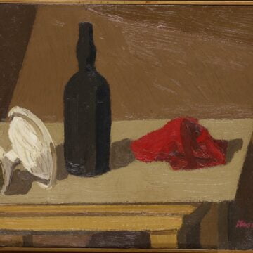 Morlotti, Ennio , Natura morta (sul tavolo con fruttiera bianca bottiglia nera e drappo rosso, 1942, olio su tela, VAF 2307, Roverto, Mart