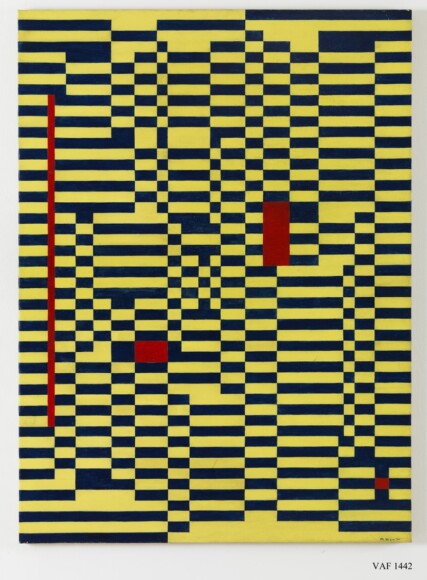 Nigro, Mario , scacchi gialli e blu, 1950, olio su tela, VAF 1442, Roverto, Mart