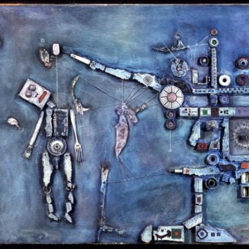 Persico, Mario , Robot, 1961, olio e collage su tela, VAF 1130, Rov. A 5 sopra