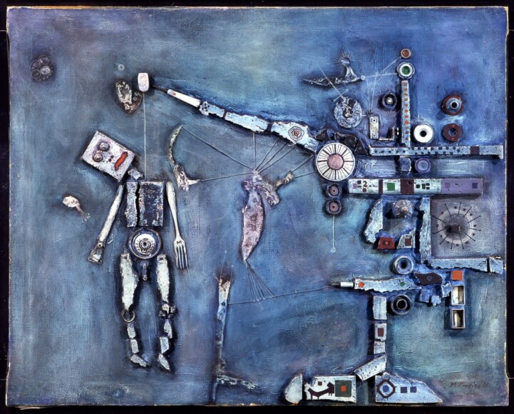 Persico, Mario , Robot, 1961, olio e collage su tela, VAF 1130, Rov. A 5 sopra