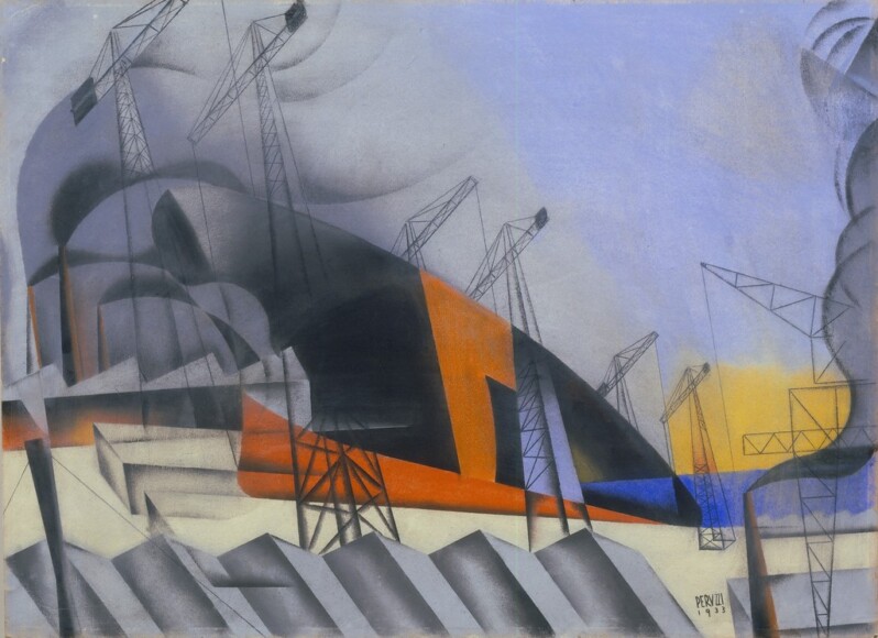 Peruzzi, Osvaldo , Cantiere navale, 1933, tecnica mista su compensato, VAF 1988, Roverto, Mart