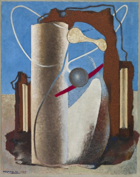 Prampolini, Enrico , Simultaneità di tempo e spazio, 1935, polimaterico su tavola, VAF 1999 , Roverto, Mart