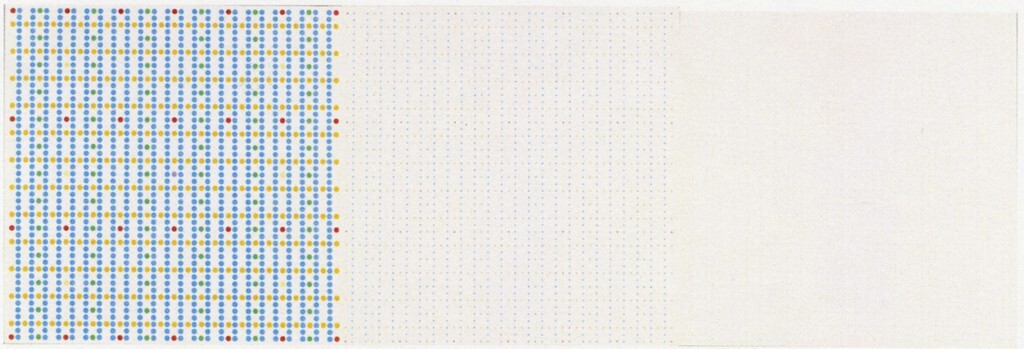 Scaccabarozzi , Prevalenze 1/6 col. - VI.G.VE.A.B. (mass.) ø x2, VI.G.VE.A.B. (mass.) ø 1 xx, VI.G.VE.A.B. (min.) ø 1 mm, , 1974, acrilico su tela, trittico , VAF 2318, Roverto, Mart