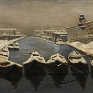 Scaroni, Giuseppe Annibale , barconi sotto la neve (Naviglio o Darsena) , 1926, olio su tela , VAF 2321, Roverto, Mart