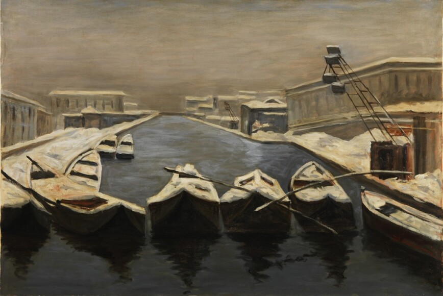 Scaroni, Giuseppe Annibale , barconi sotto la neve (Naviglio o Darsena) , 1926, olio su tela , VAF 2321, Roverto, Mart